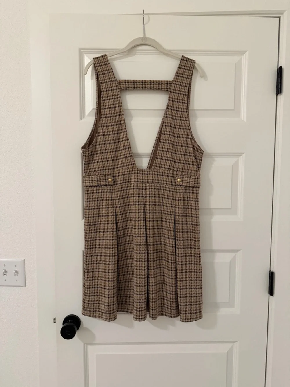 American Eagle Outfitters Brown Plaid Deep-V Pinafore Mini Dress - Picture 2 of 2